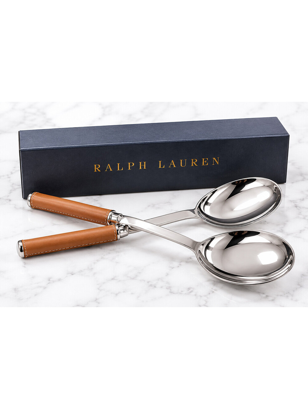 Ralph Lauren Home Wyatt Salad Servers Set of 2 Leather Handles w/box NWT 175